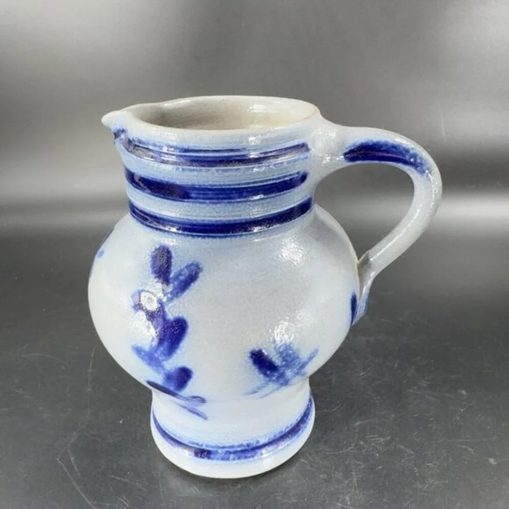 Vintage‎ German Pottery Salt Glaze Cobalt Blue Gray Glaze Pitcher Large Creamer